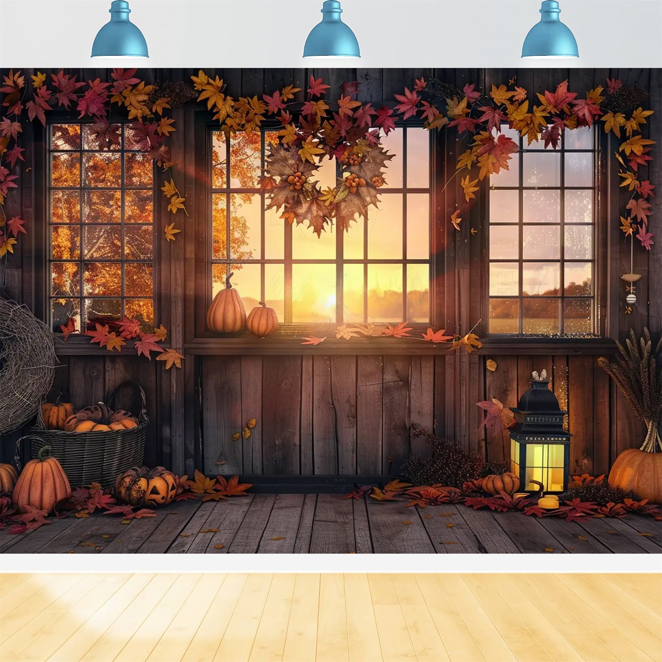 Autumn Sunset Farm Pumpkin House Leaves Backdrop BRP7-166