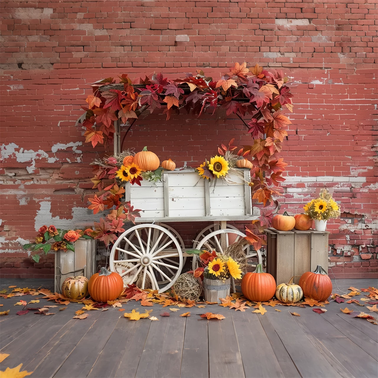 Ruined Brick Wall Pumpkin Stand Autumn Backdrop BRP7-167