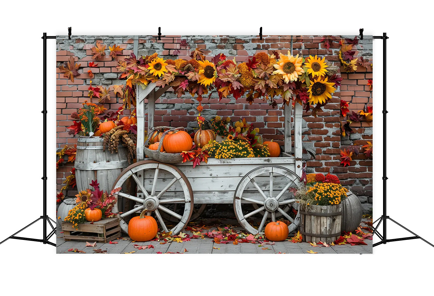 Autumn Pumpkin Stand Sunflower Brick Wall Backdrop BRP7-168