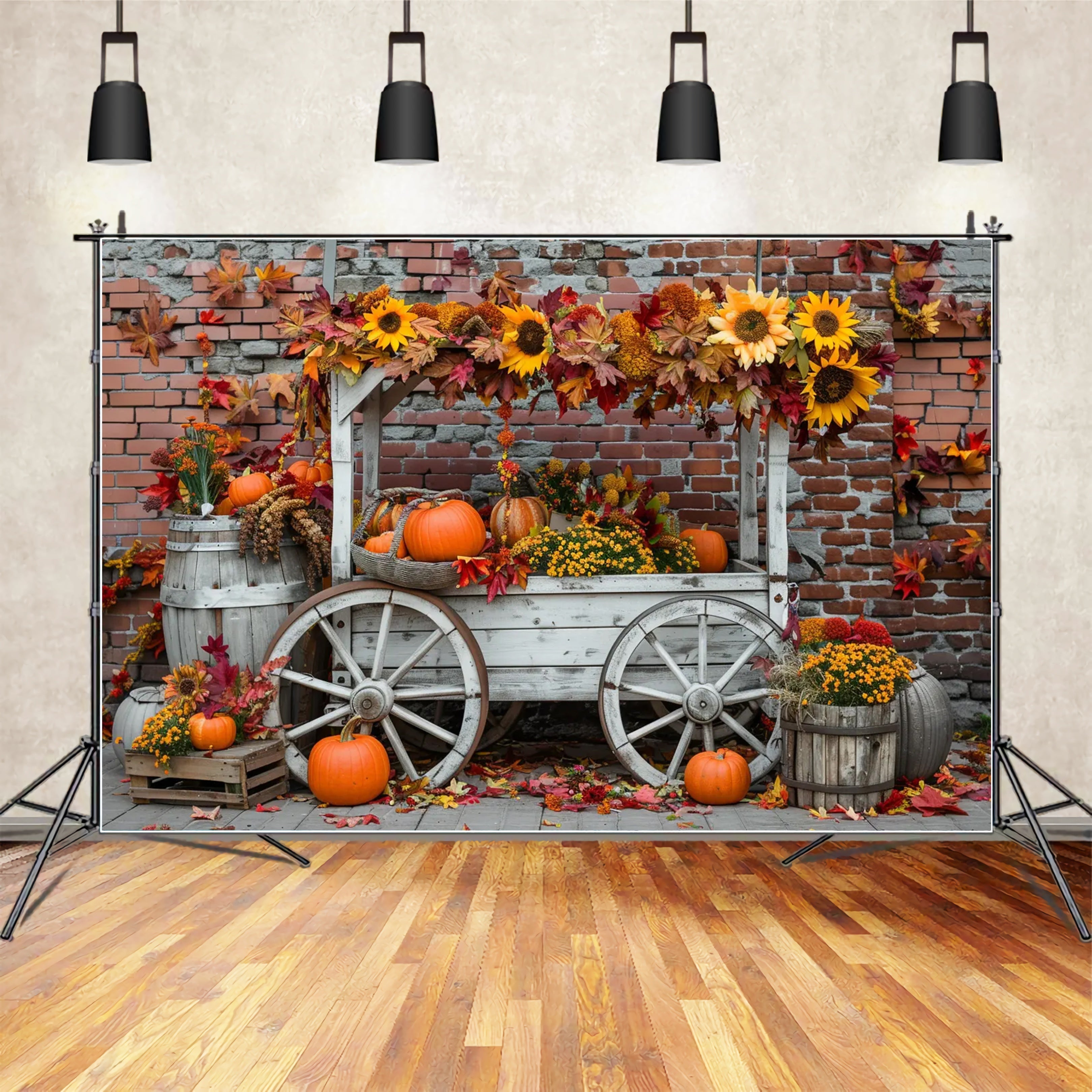 Autumn Pumpkin Stand Sunflower Brick Wall Backdrop BRP7-168