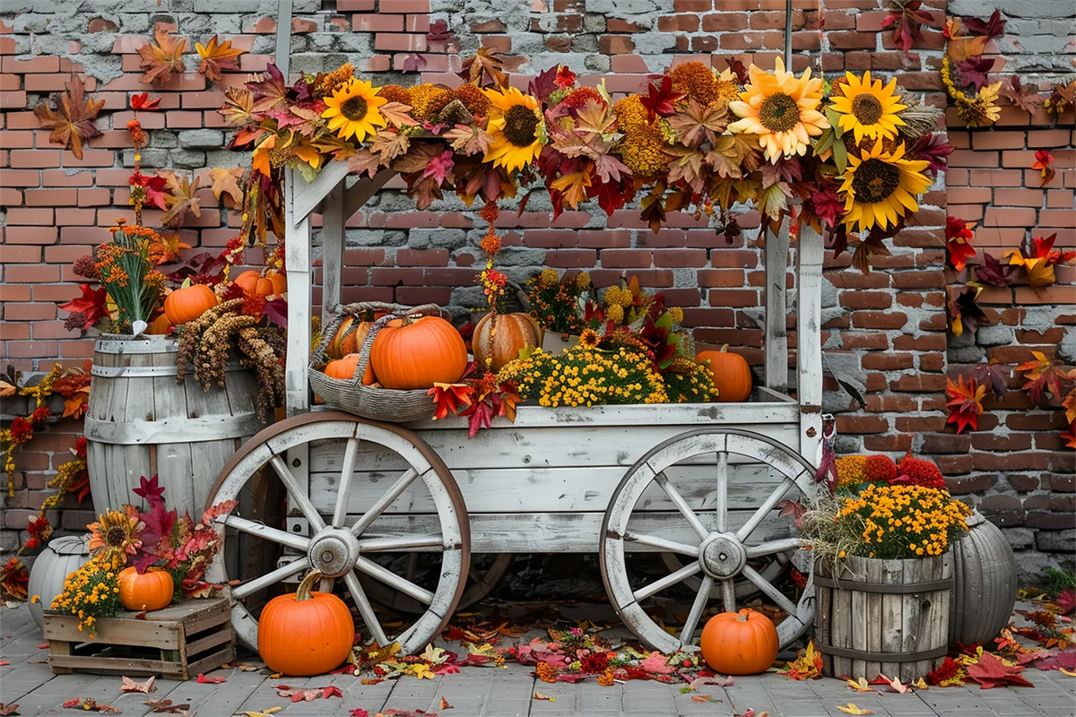 Autumn Pumpkin Stand Sunflower Brick Wall Backdrop BRP7-168