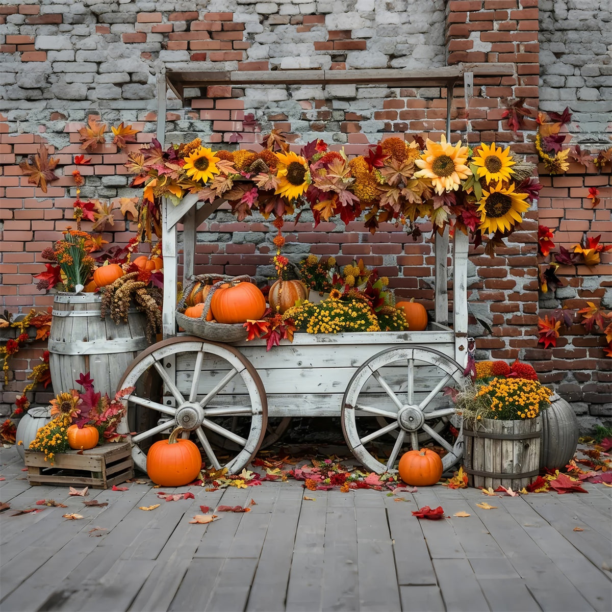 Autumn Pumpkin Stand Sunflower Brick Wall Backdrop BRP7-168