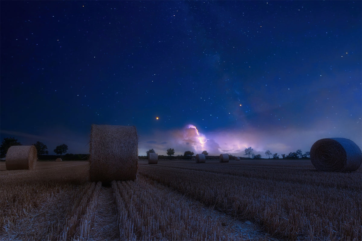 Nighttime Field with Hay Bales Photography Backdrop BRP7-207