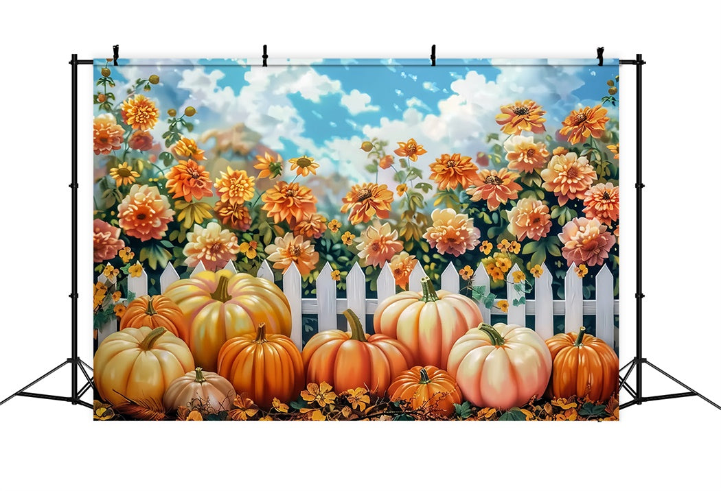 Bright Autumn Floral Fence with Pumpkins Background BRP7-210