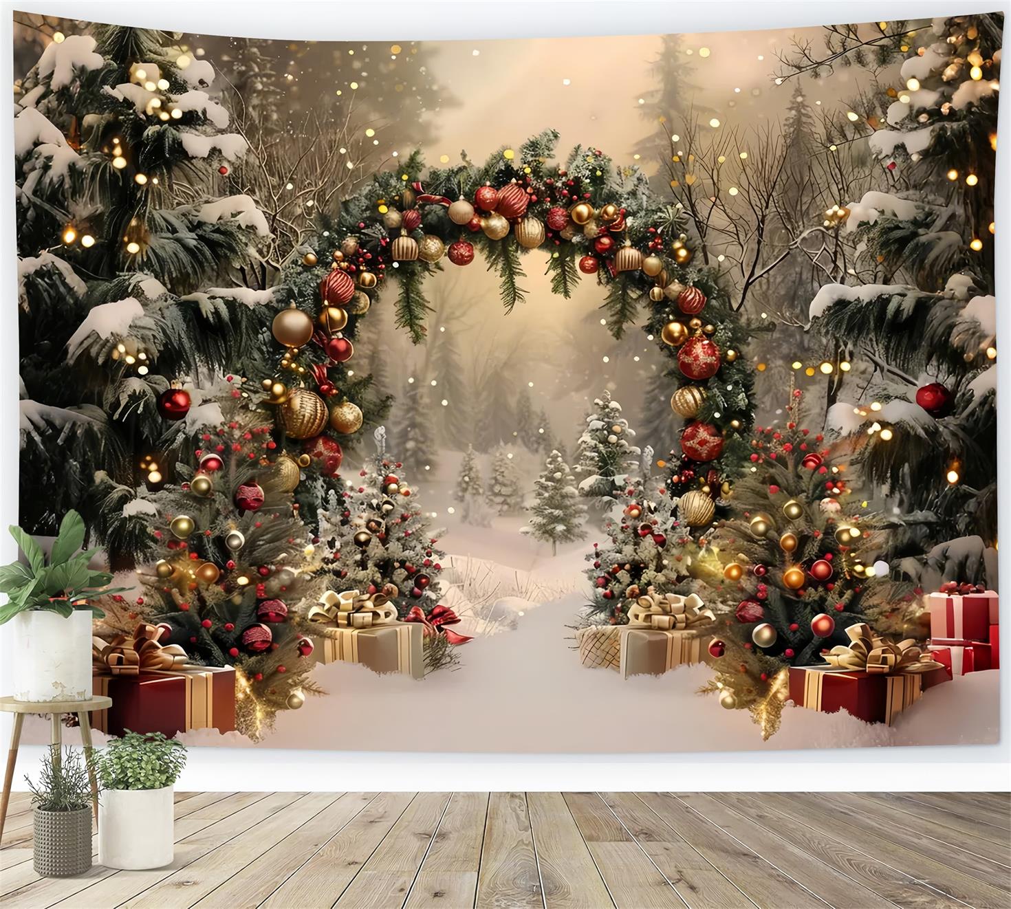 Snowy Christmas Arch with Presents Backdrop BRP7-220