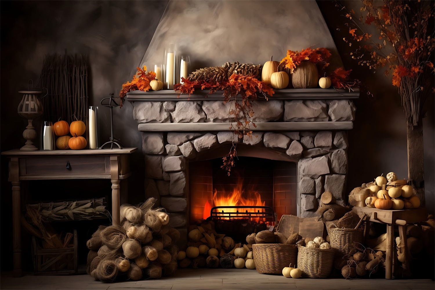 Autumn Fireplace Leaves Candles Backdrop BRP7-75