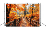 Autumn Red Maple Brown Wooden Bridge Backdrop BRP7-83