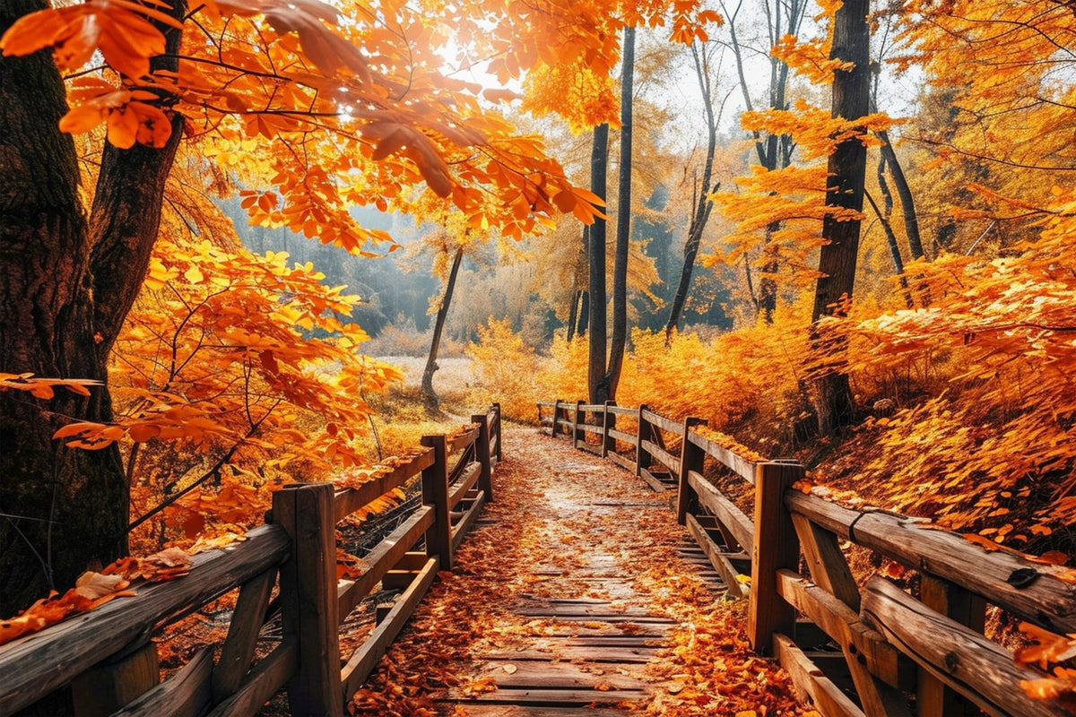 Autumn Red Maple Brown Wooden Bridge Backdrop BRP7-83