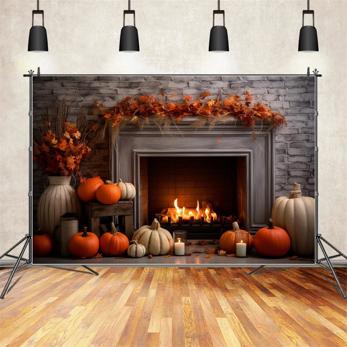 Autumn Fireplace Red Maple Leaves Backdrop BRP7-84