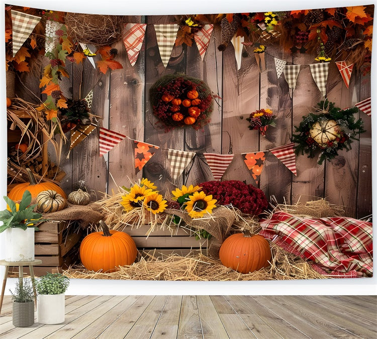 Autumn Brown Wood Flags Pumpkin Photography Backdrop BRP7-93