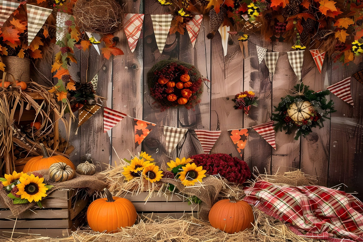 Autumn Brown Wood Flags Pumpkin Photography Backdrop BRP7-93