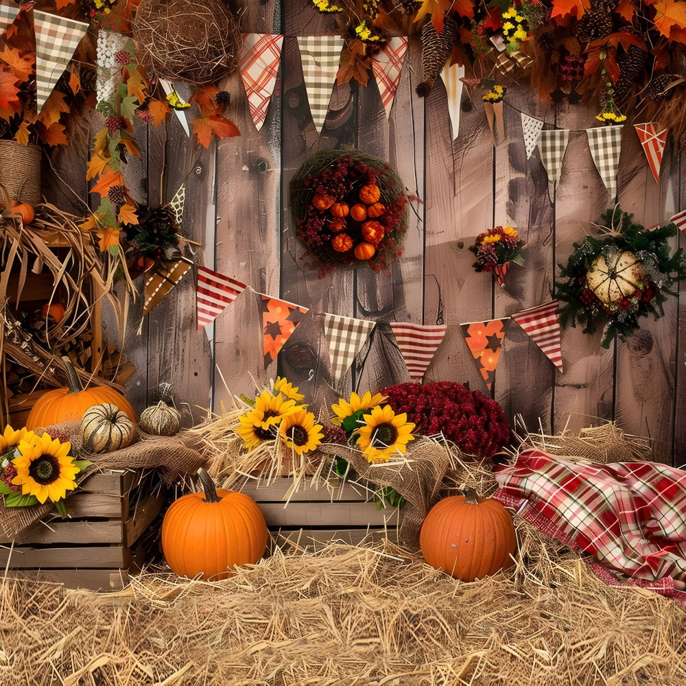 Autumn Brown Wood Flags Pumpkin Photography Backdrop BRP7-93