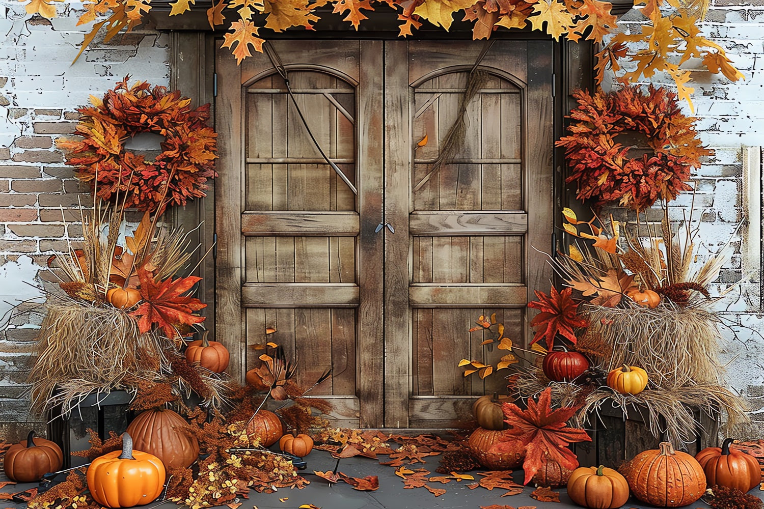 Fall Pumpkin Brick Barn Door Photography Backdrop BRP7-96