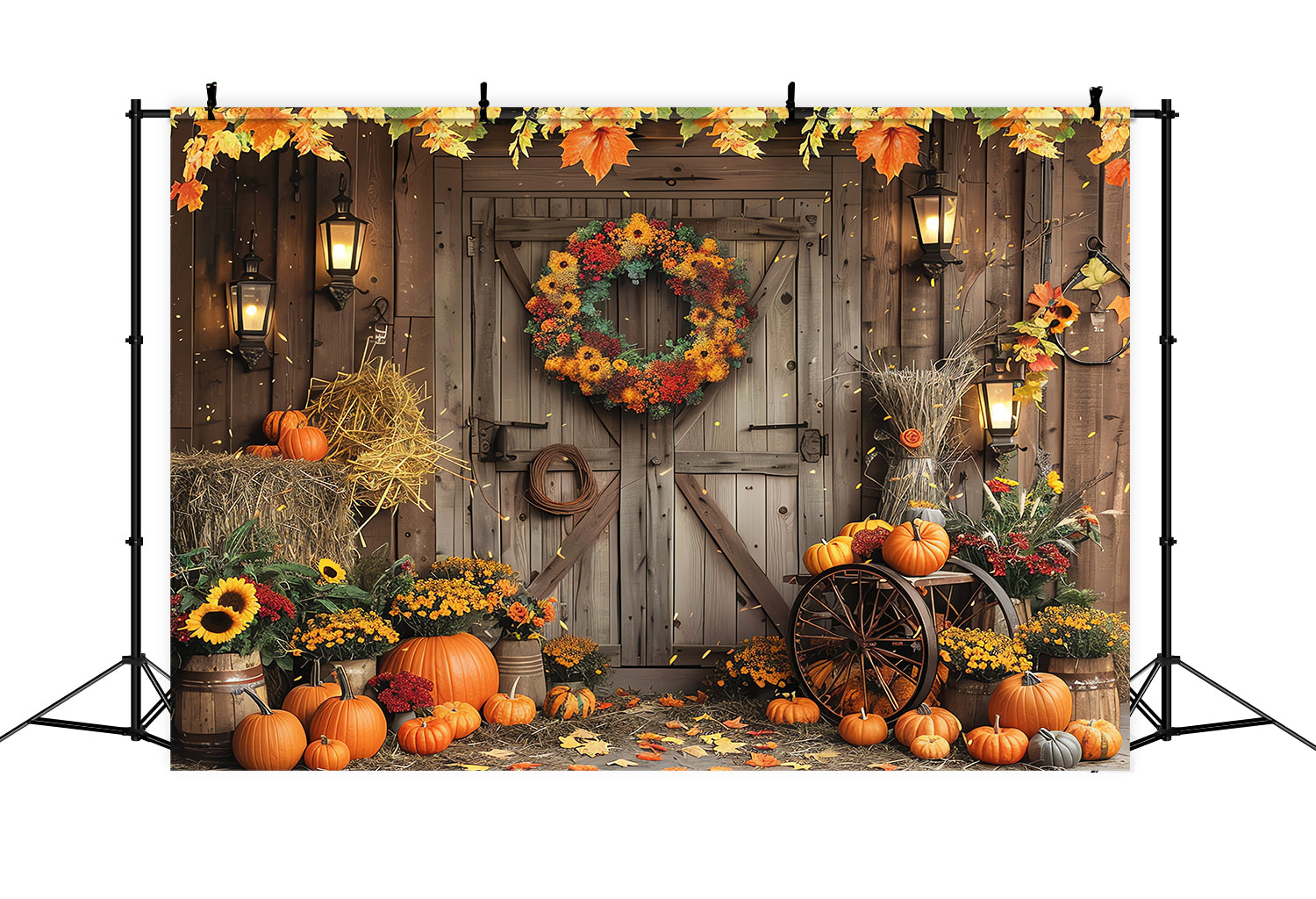 Autumn Barn Door Wreath Pumpkin Photography Backdrop BRP7-97