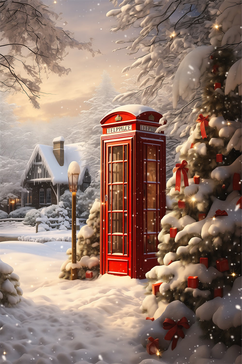 Christmas Red Telephone Booth Snow Backdrop BRP8-106