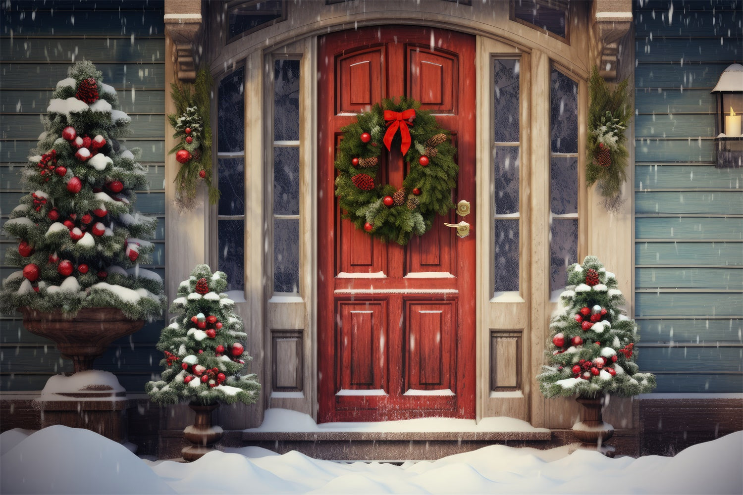 Snowy Christmas Red Door Wreath Backdrop BRP8-118