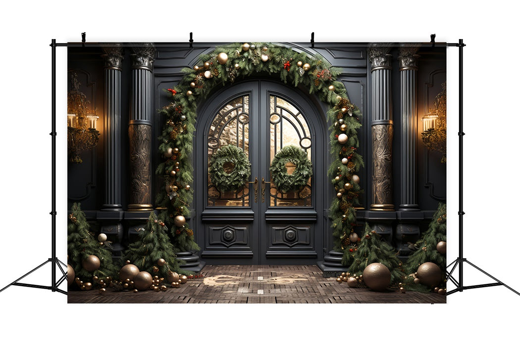 Elegant Black Door with Christmas Decorations Backdrop BRP8-128