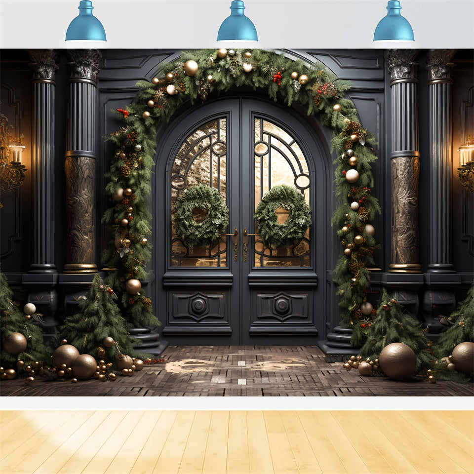 Elegant Black Door with Christmas Decorations Backdrop BRP8-128