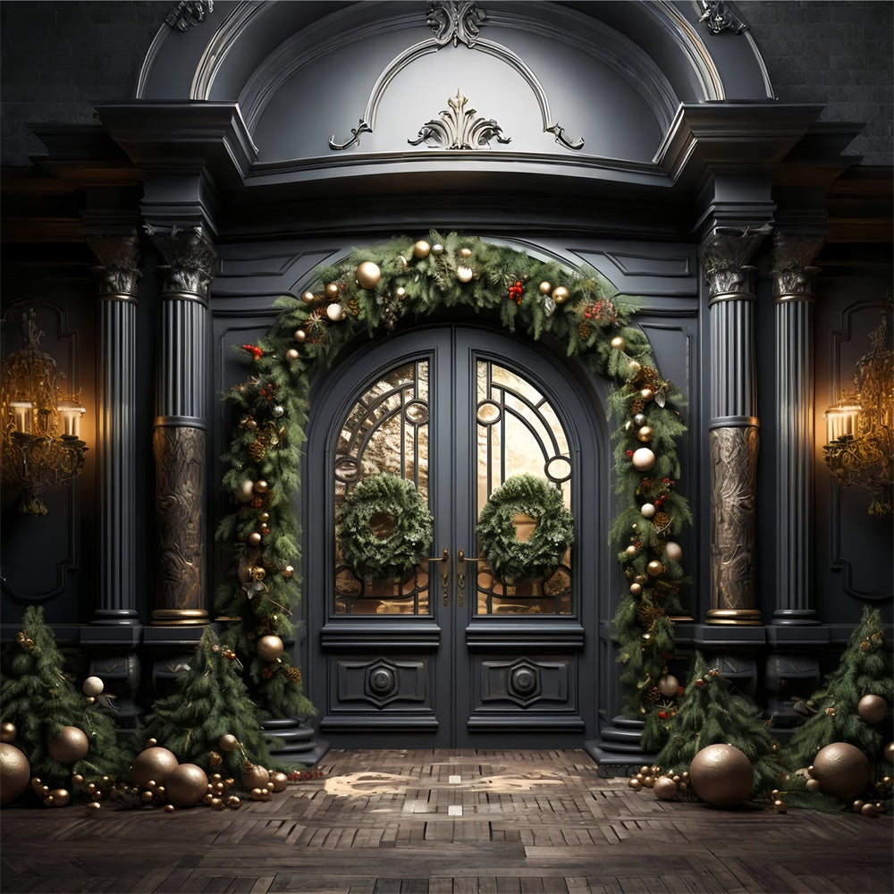 Elegant Black Door with Christmas Decorations Backdrop BRP8-128