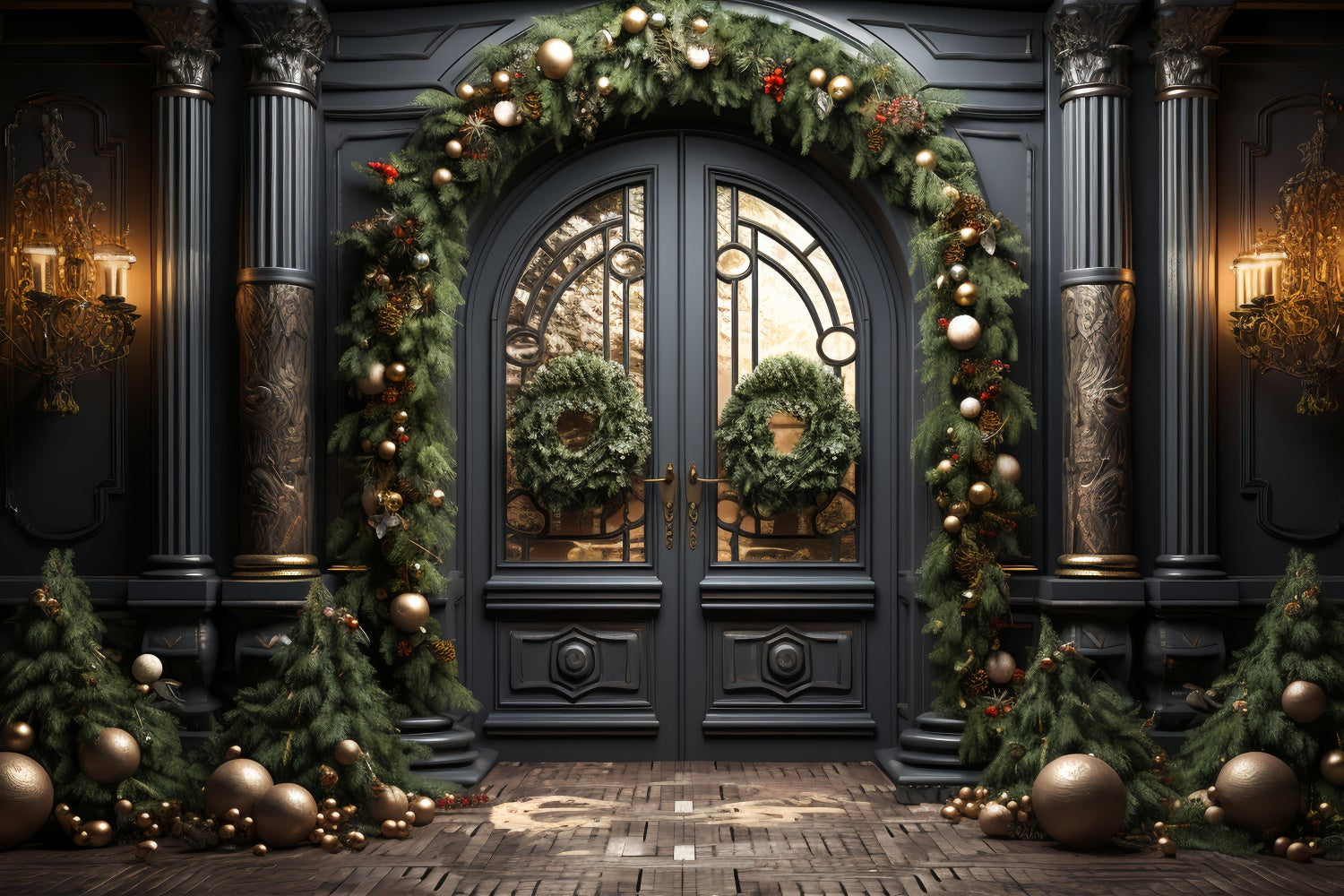 Elegant Black Door with Christmas Decorations Backdrop BRP8-128