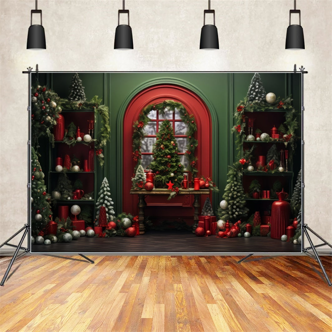 Red Christmas Decor in Green Room Backdrop BRP8-135