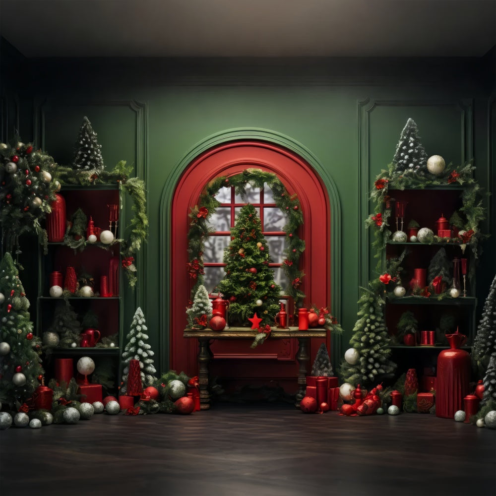 Red Christmas Decor in Green Room Backdrop BRP8-135