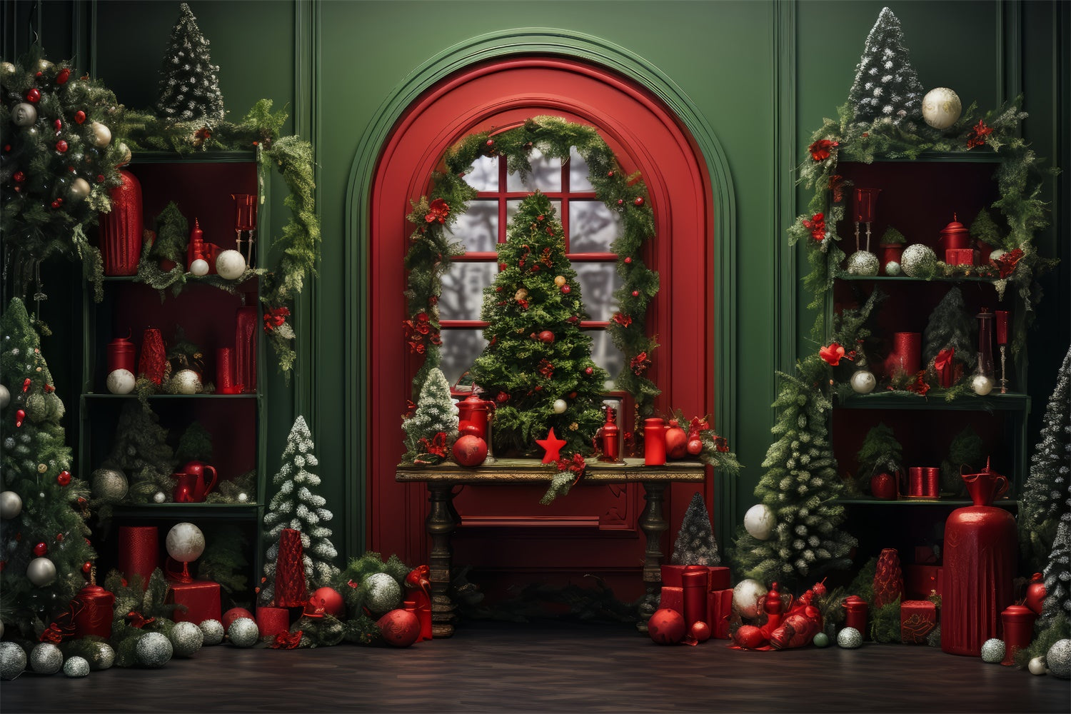 Red Christmas Decor in Green Room Backdrop BRP8-135