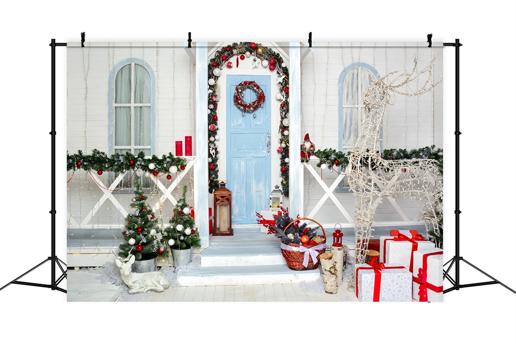 Snowy Christmas Porch with Reindeer Lights Backdrop BRP8-137