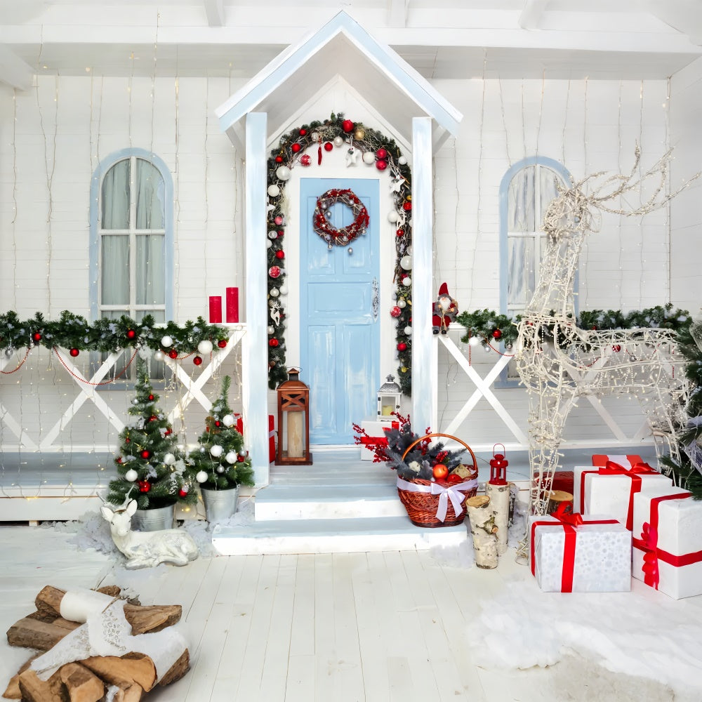 Snowy Christmas Porch with Reindeer Lights Backdrop BRP8-137