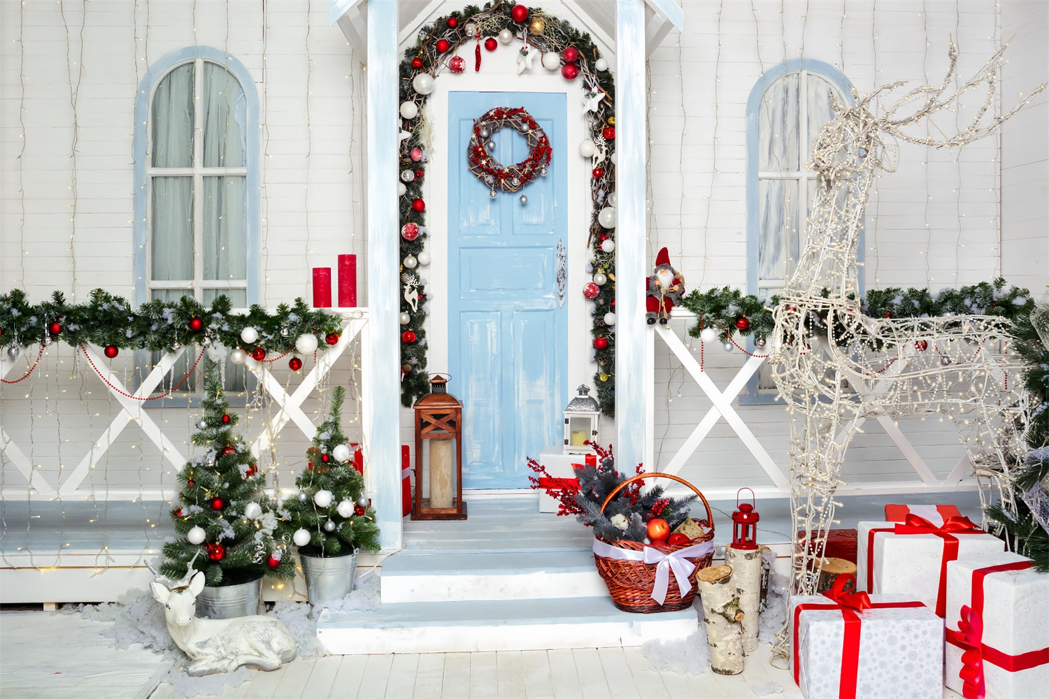 Snowy Christmas Porch with Reindeer Lights Backdrop BRP8-137