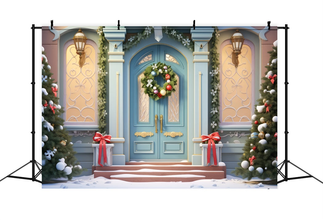 Elegant Christmas Blue Door Wreath Backdrop BRP8-138