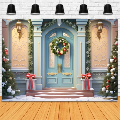 Elegant Christmas Blue Door Wreath Backdrop BRP8-138