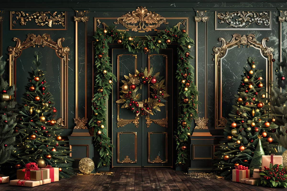 Elegant Christmas Trees with Golden Accents Backdrop BRP8-139