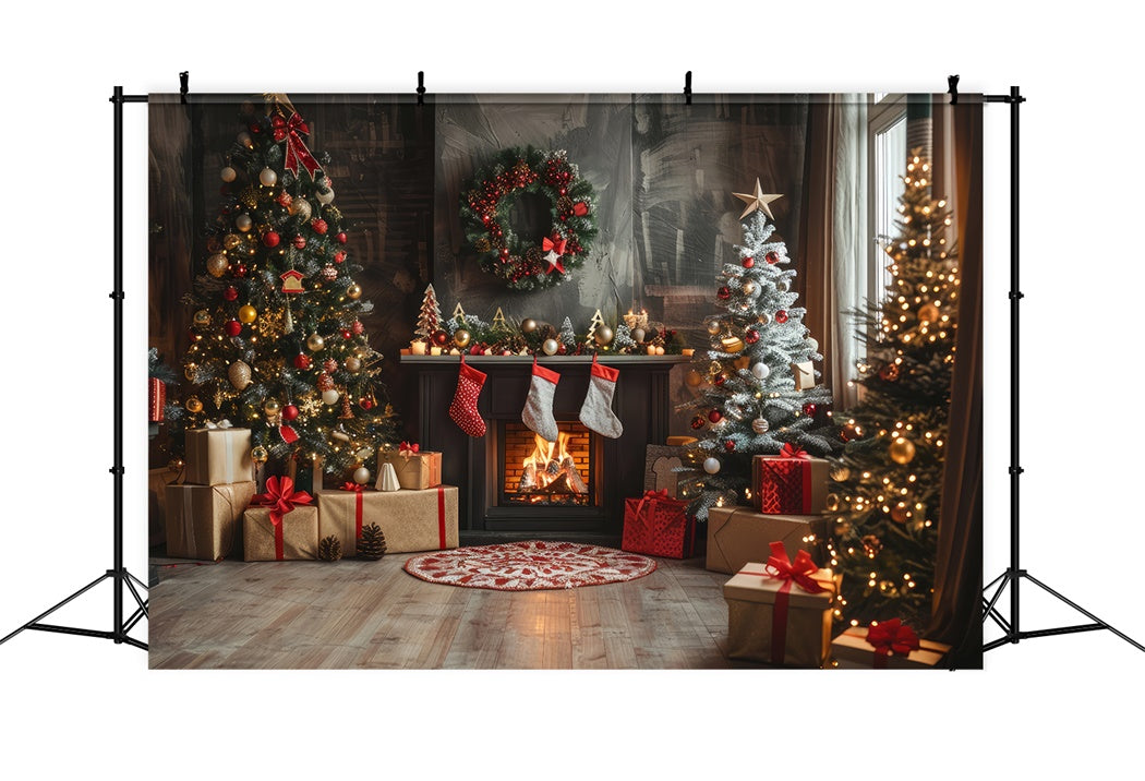 Christmas Decor and Fireplace with Stockings Backdrop BRP8-140