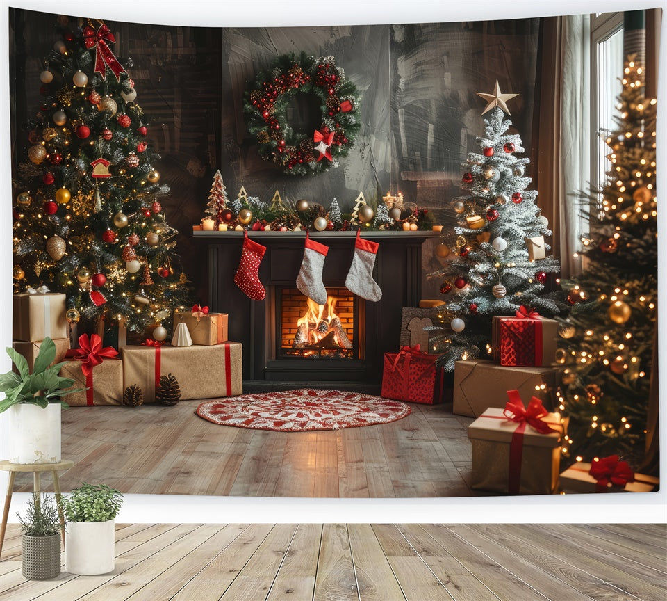 Christmas Decor and Fireplace with Stockings Backdrop BRP8-140