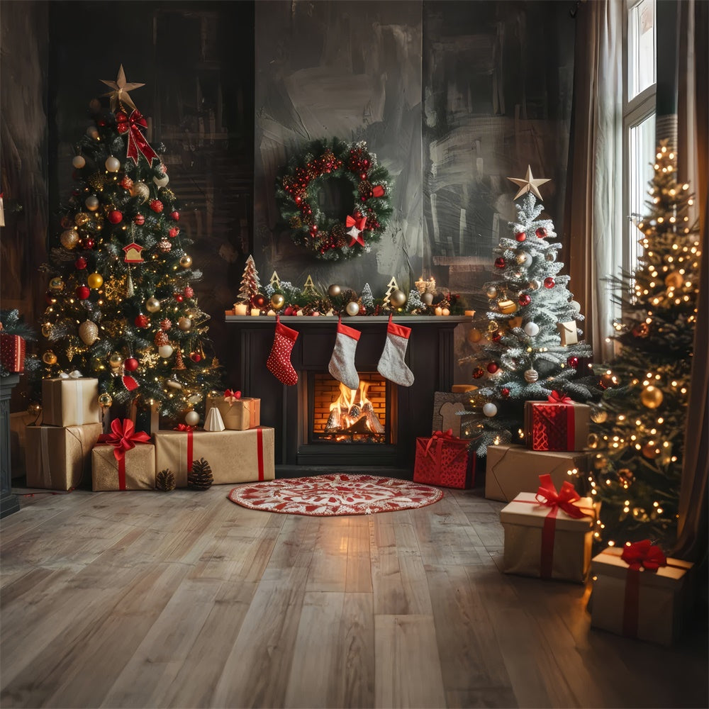 Christmas Decor and Fireplace with Stockings Backdrop BRP8-140