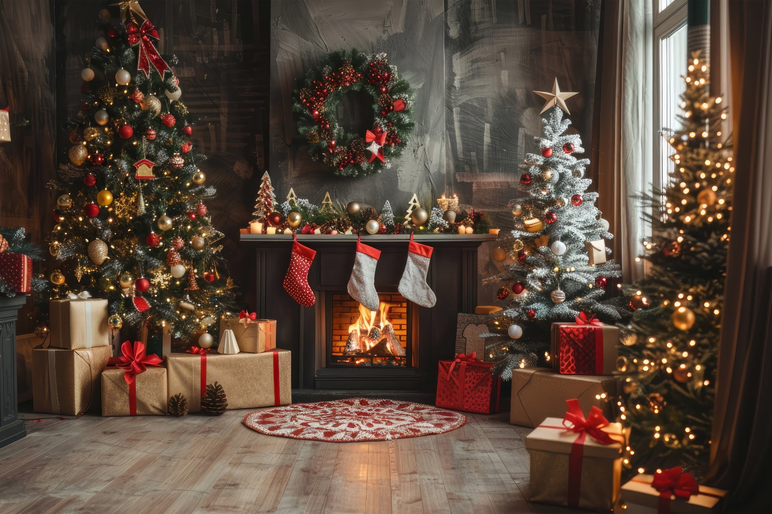 Christmas Decor and Fireplace with Stockings Backdrop BRP8-140