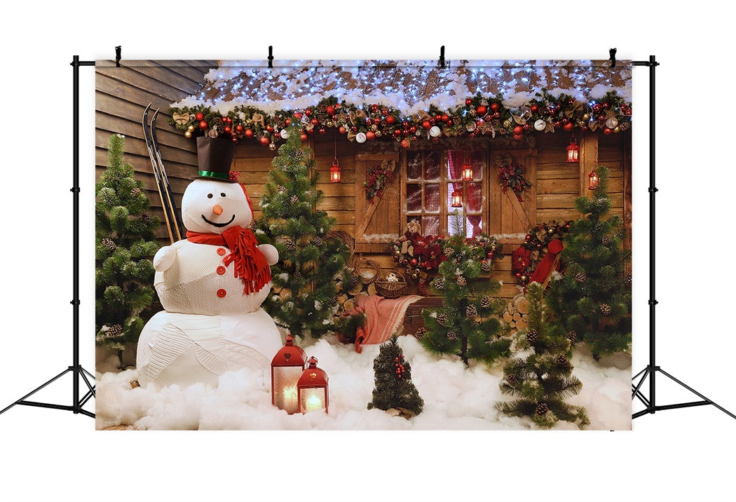 Rustic Christmas Cabin and Snowman Backdrop BRP8-152