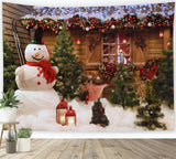 Rustic Christmas Cabin and Snowman Backdrop BRP8-152