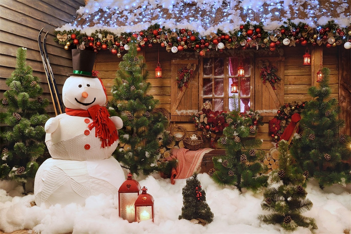 Rustic Christmas Cabin and Snowman Backdrop BRP8-152