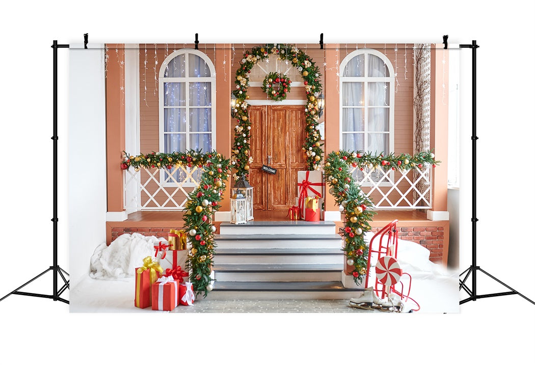 Christmas Wreath and Gifts Porch Backdrop BRP8-157