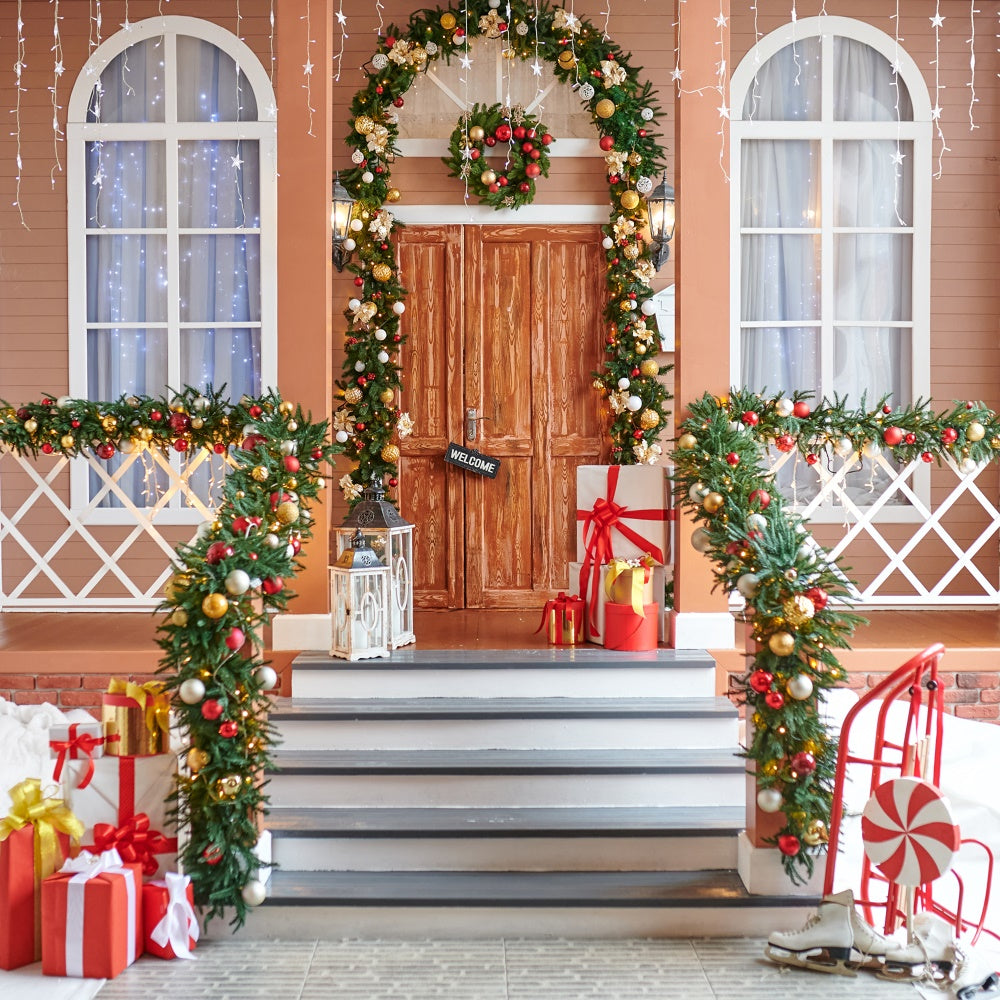 Christmas Wreath and Gifts Porch Backdrop BRP8-157