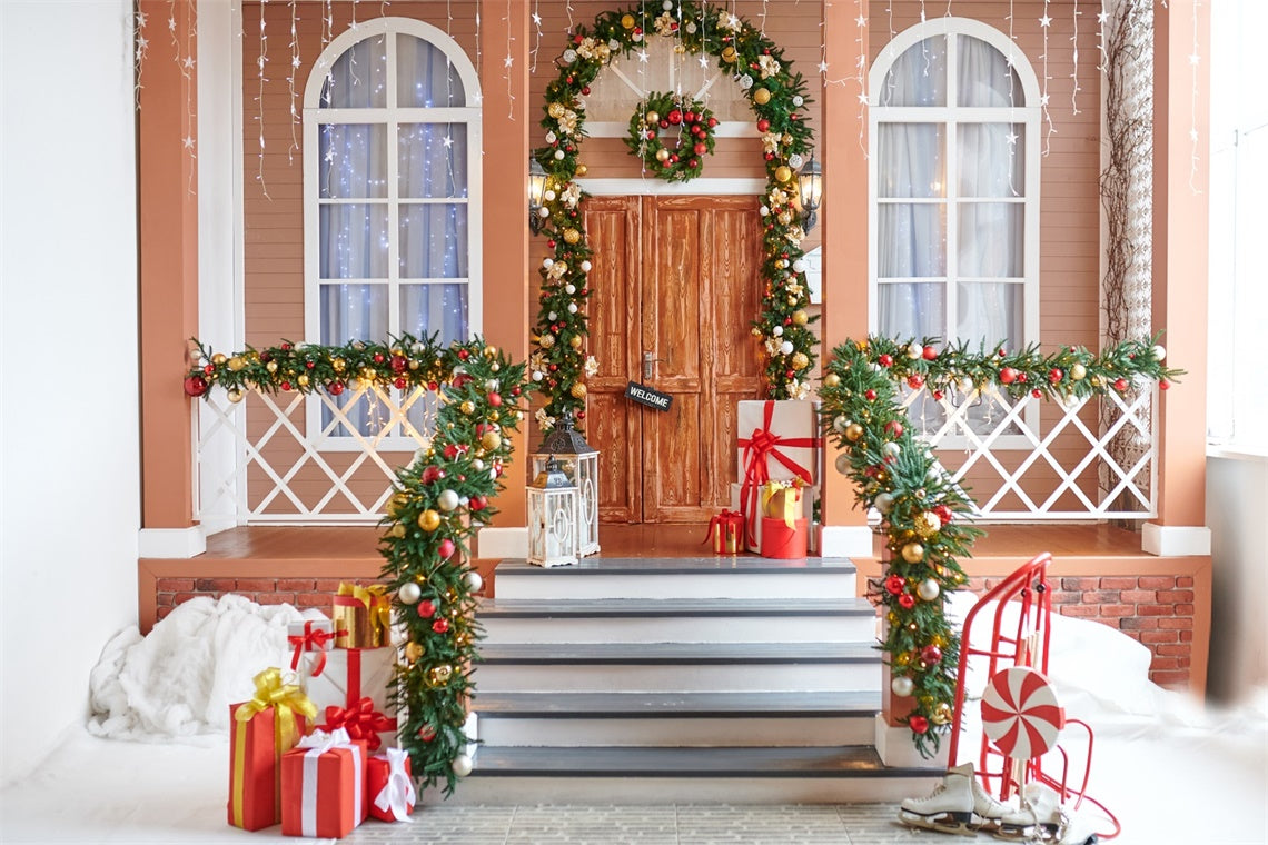 Christmas Wreath and Gifts Porch Backdrop BRP8-157