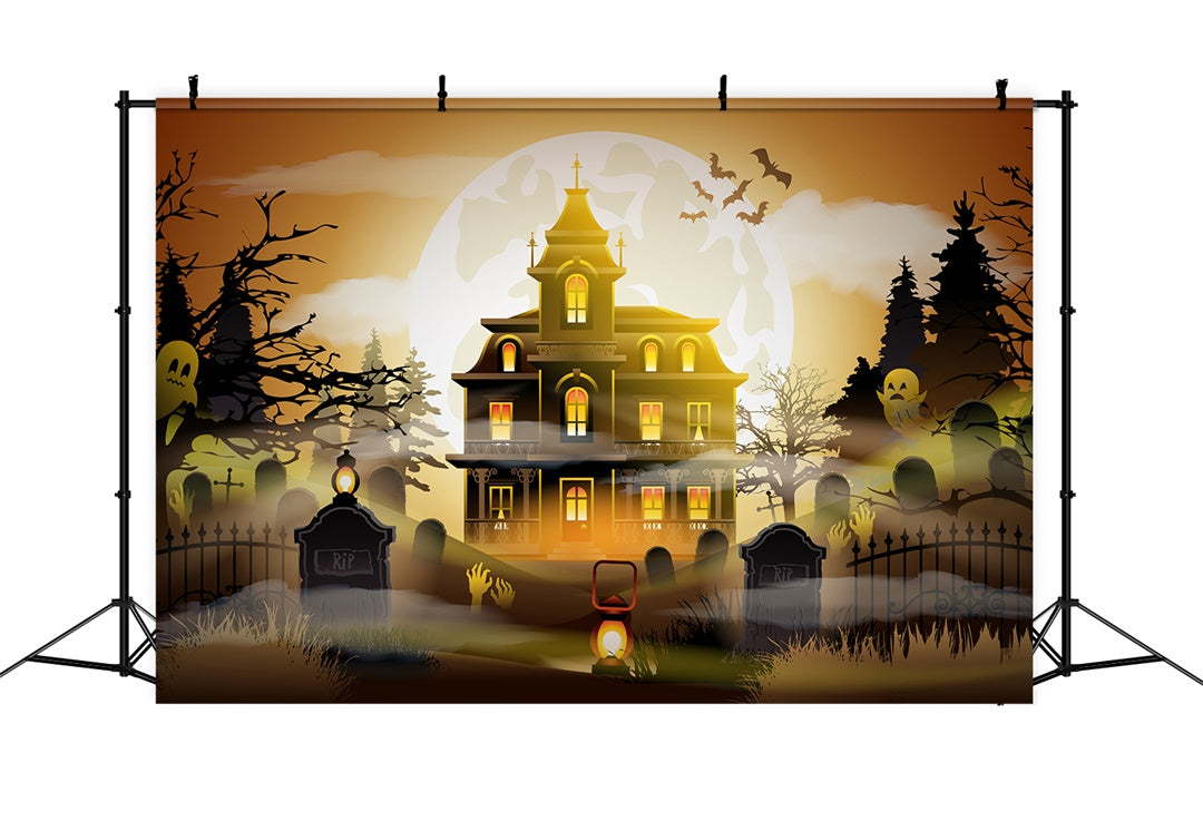 Ghostly Graveyard Haunted House Scary Halloween Backdrop BRP8-163