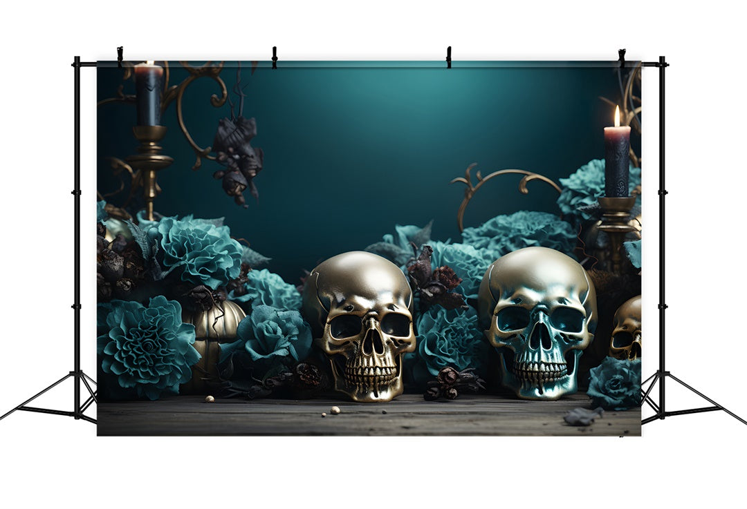 Golden Skulls and Teal Roses Halloween Backdrop BRP8-165