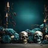 Golden Skulls and Teal Roses Halloween Backdrop BRP8-165