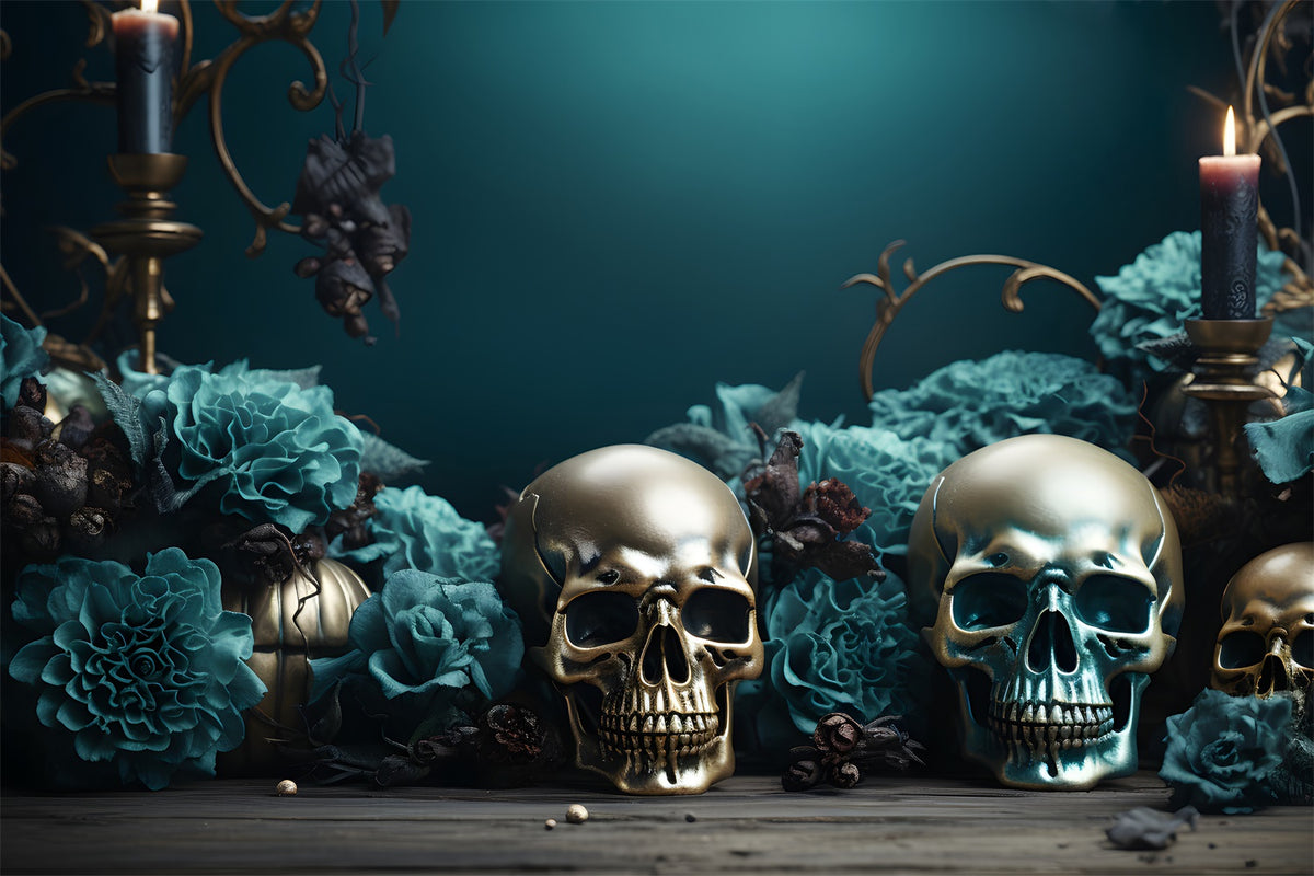 Golden Skulls and Teal Roses Halloween Backdrop BRP8-165