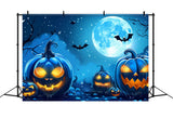 Eerie Blue Halloween Moon and Pumpkins Backdrop BRP8-174