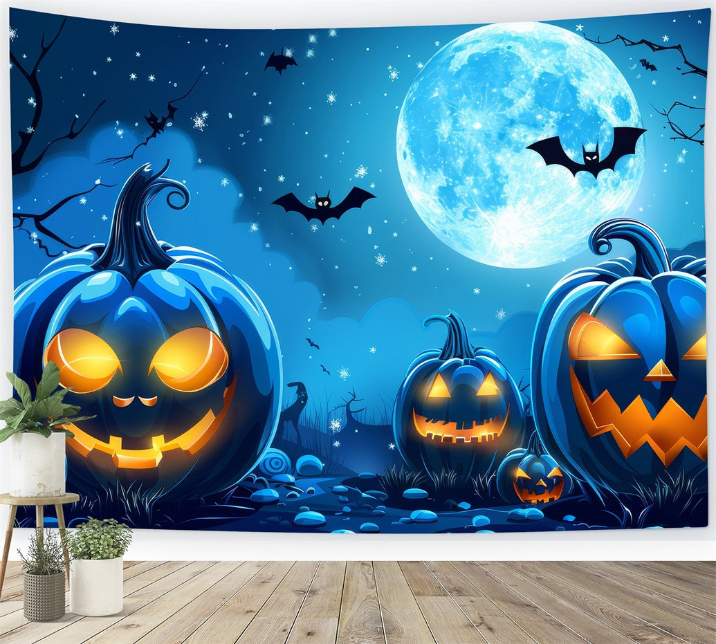 Eerie Blue Halloween Moon and Pumpkins Backdrop BRP8-174