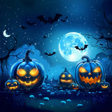 Eerie Blue Halloween Moon and Pumpkins Backdrop BRP8-174